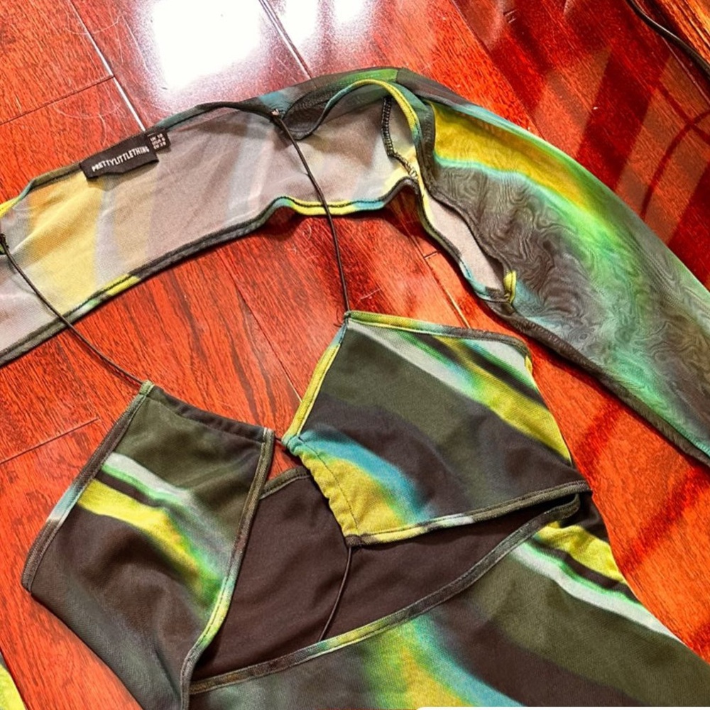 Green Waves Mesh Long Sleeve Slit Mini Dress